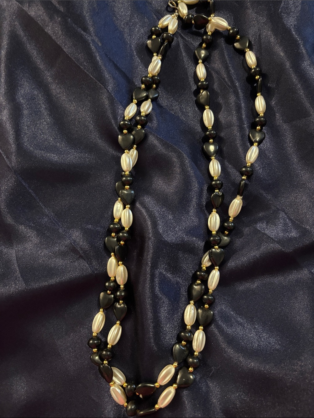 Elegant Black and Ivory Double-Strand Beaded Necklace with Gold Accents